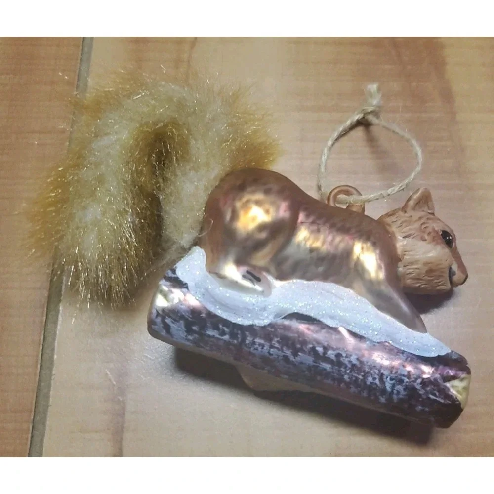 Squirrel Christmas Ornament Hand Blown‎ Glass Animal Plush Fur Tail 5